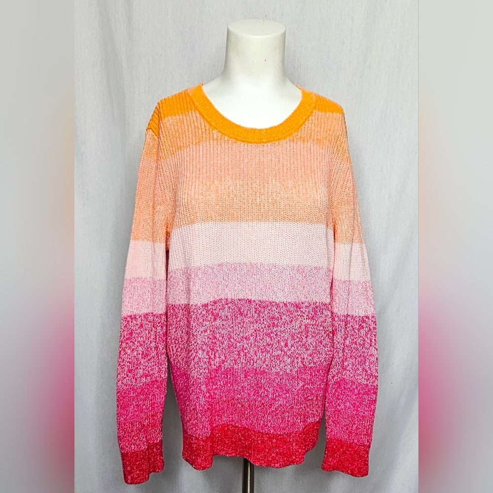 Talbots Pima Cotton Ombré Stripe Sweater Orange Pink Bright Knit Top Size L NWOT - Picture 4 of 6